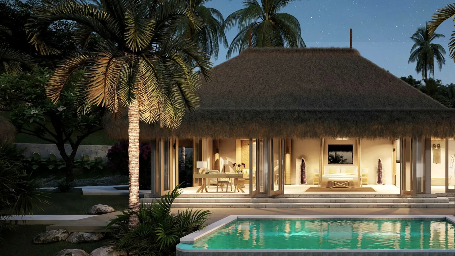 A lit luxury villa with a swimming pool and palm trees at twilight