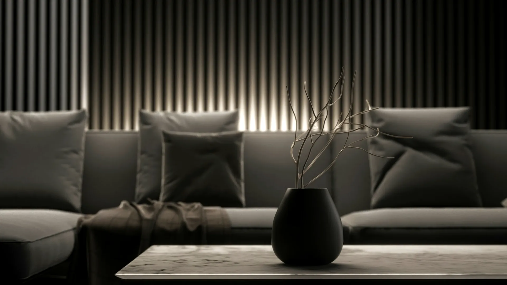 A dark, softly lit modern living room interior
